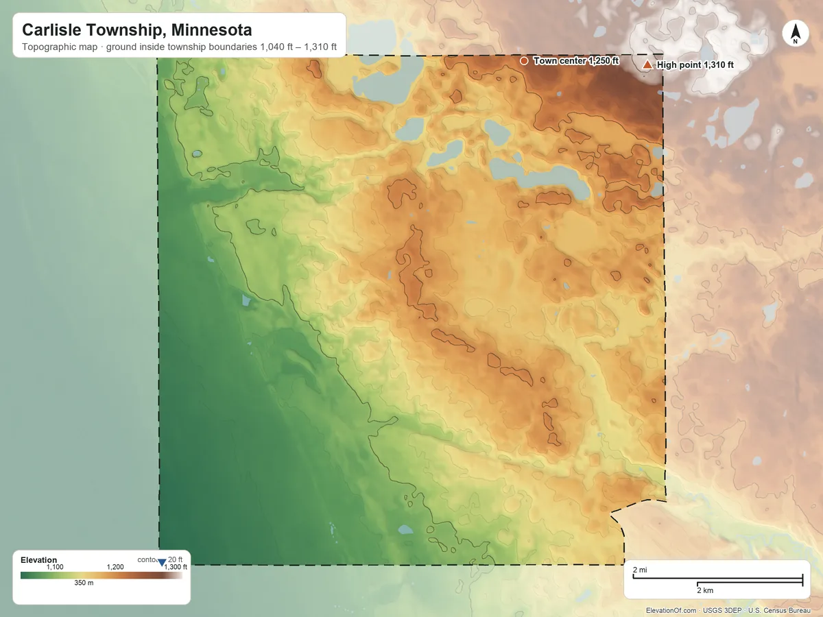 Topographic elevation map of Carlisle Township, Minnesota, shaded from 1,040 ft on the southwest side to 1,310 ft on the east side