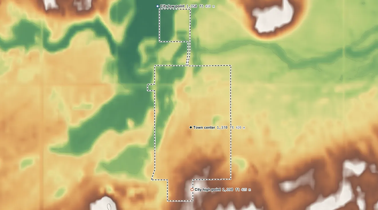Topographic elevation map of Carlos, Minnesota, shaded from 1,350 ft on the north side to 1,390 ft on the south side