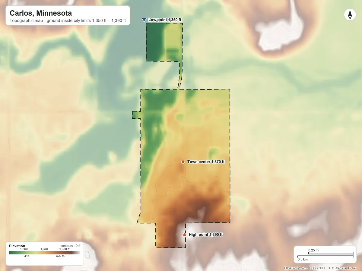 Topographic elevation map of Carlos, Minnesota, shaded from 1,350 ft on the north side to 1,390 ft on the south side