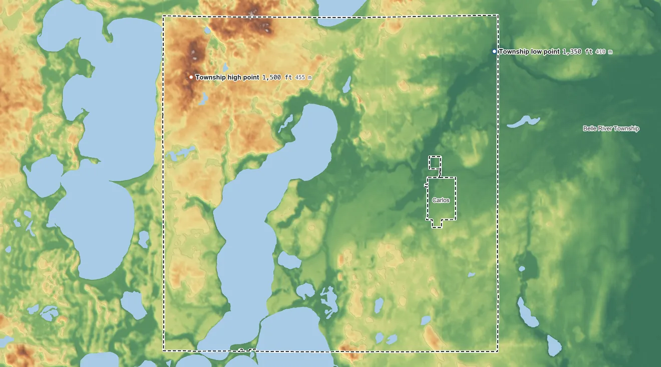Topographic elevation map of Carlos Township, Minnesota, shaded from 1,350 ft on the northeast side to 1,500 ft on the northwest side