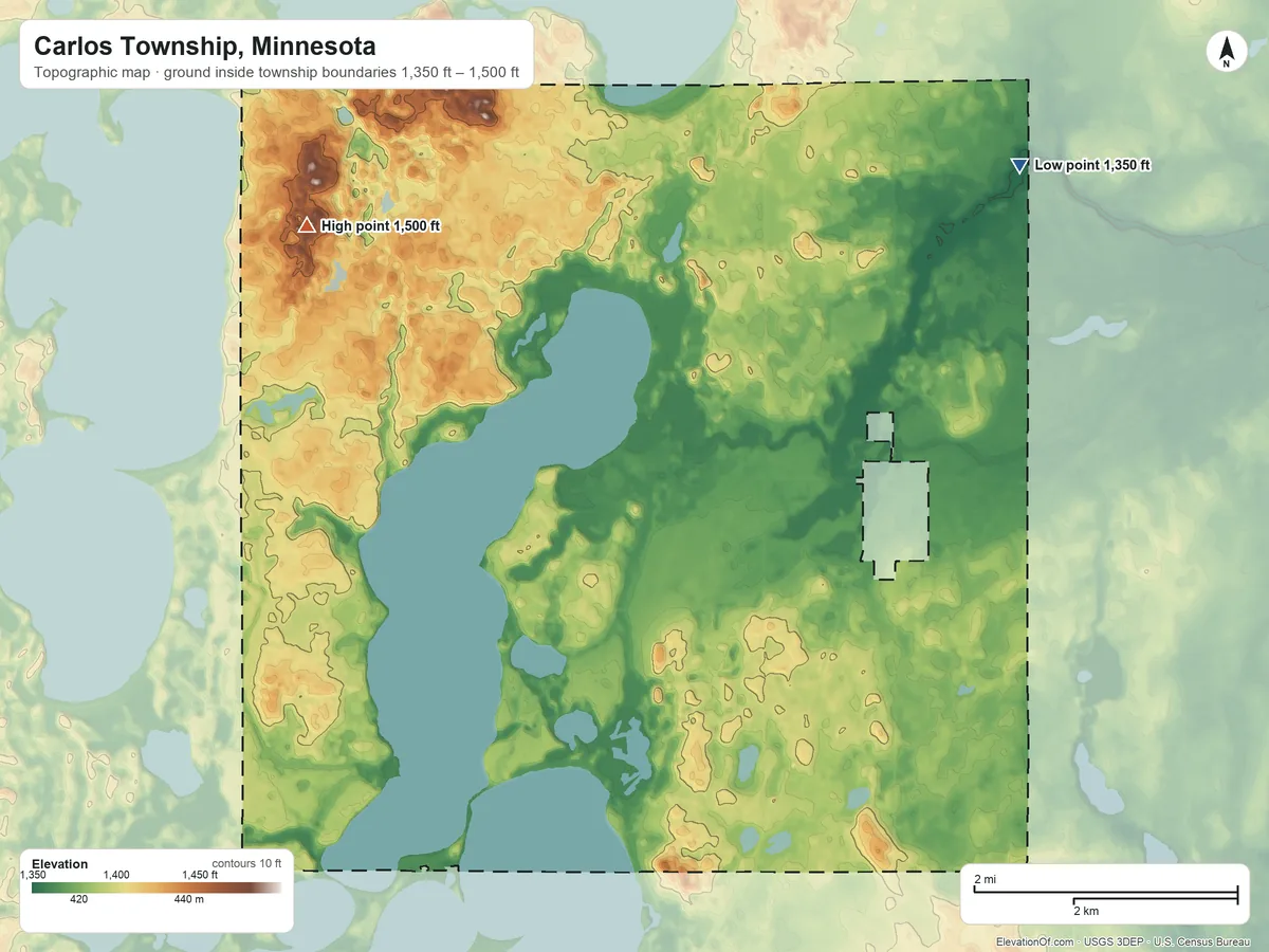 Topographic elevation map of Carlos Township, Minnesota, shaded from 1,350 ft on the northeast side to 1,500 ft on the northwest side