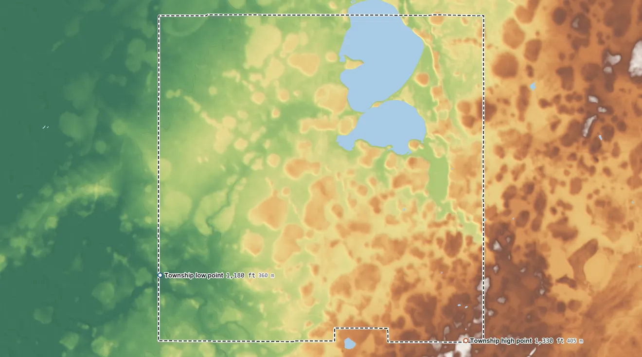 Topographic elevation map of Carlston Township, Minnesota, shaded from 1,180 ft on the southwest side to 1,330 ft on the southeast side