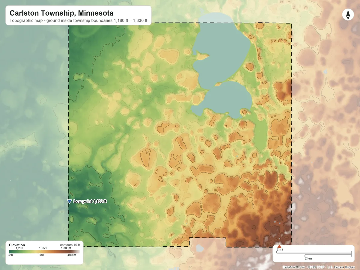 Topographic elevation map of Carlston Township, Minnesota, shaded from 1,180 ft on the southwest side to 1,330 ft on the southeast side