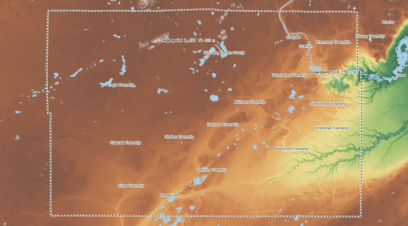 Topographic elevation map of Carlton County, Minnesota, shaded from 610 ft on the east side to 1,450 ft on the northwest side