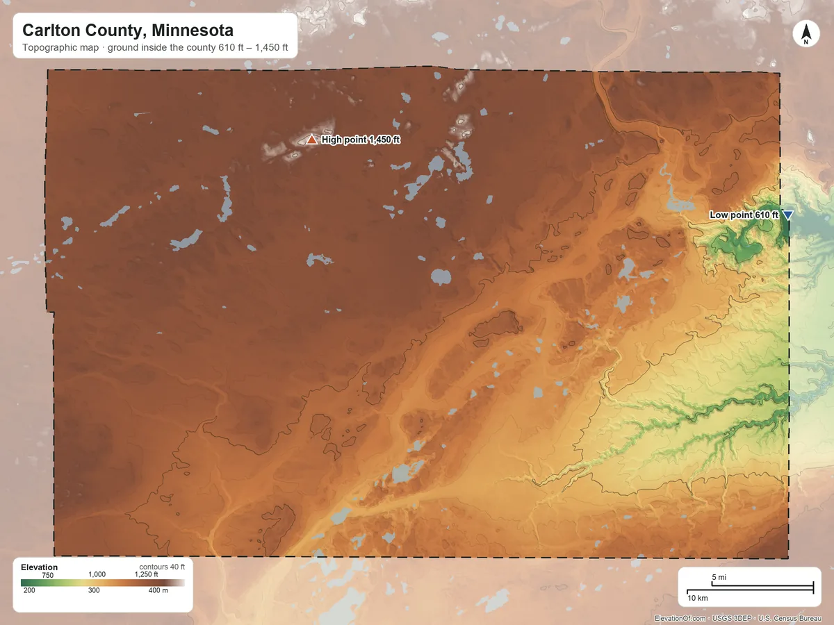 Topographic elevation map of Carlton County, Minnesota, shaded from 610 ft on the east side to 1,450 ft on the northwest side