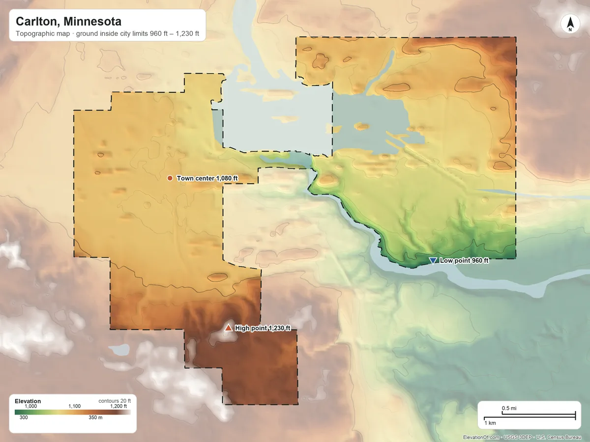 Topographic elevation map of Carlton, Minnesota, shaded from 960 ft on the east side to 1,230 ft on the south side