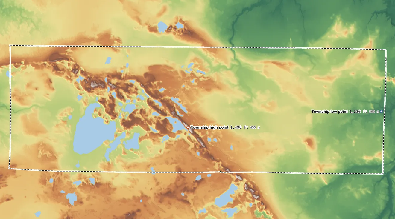 Topographic elevation map of Carpenter Township, Minnesota, shaded from 1,280 ft on the east side to 1,490 ft near the middle