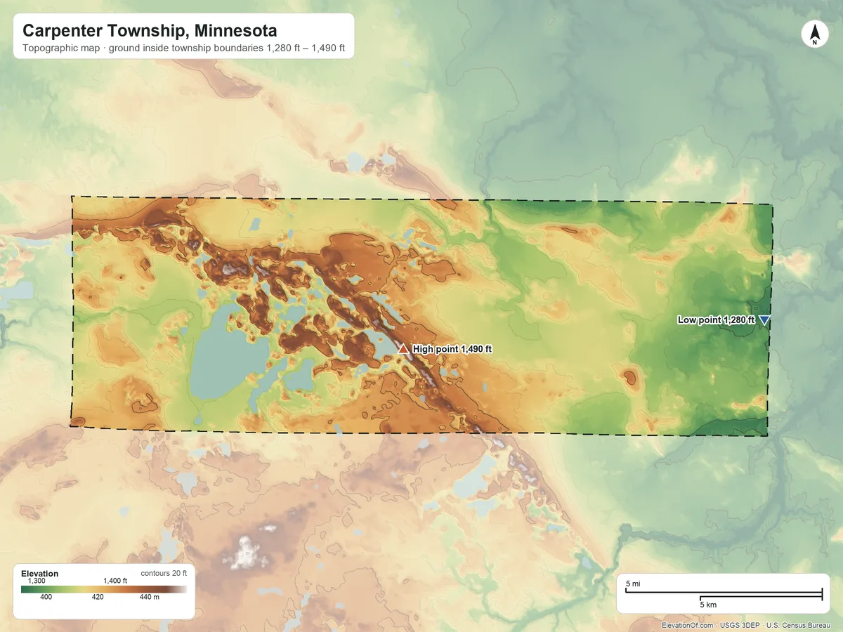 Topographic elevation map of Carpenter Township, Minnesota, shaded from 1,280 ft on the east side to 1,490 ft near the middle