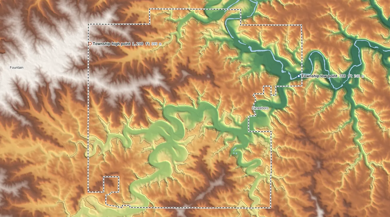 Topographic elevation map of Carrolton Township, Minnesota, shaded from 780 ft on the east side to 1,290 ft on the northwest side