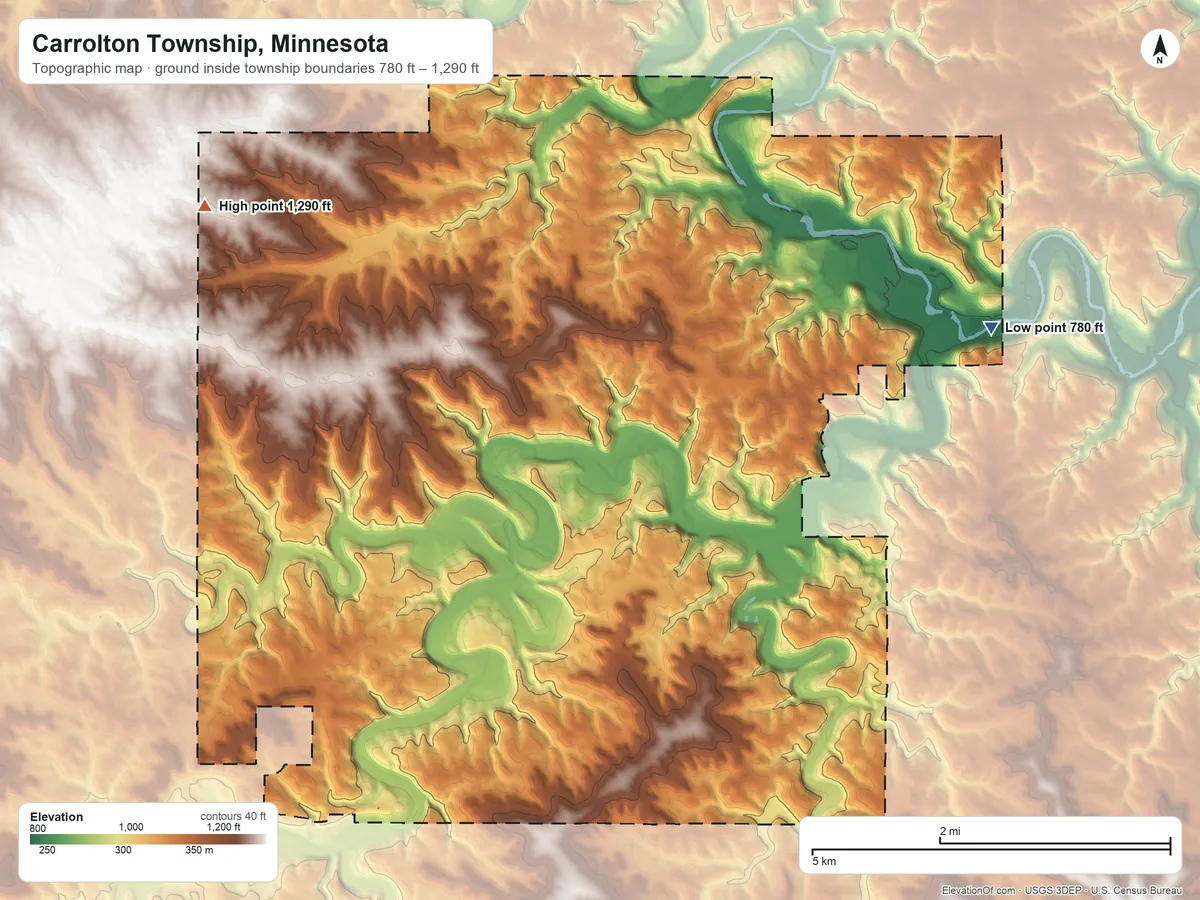 Topographic elevation map of Carrolton Township, Minnesota, shaded from 780 ft on the east side to 1,290 ft on the northwest side