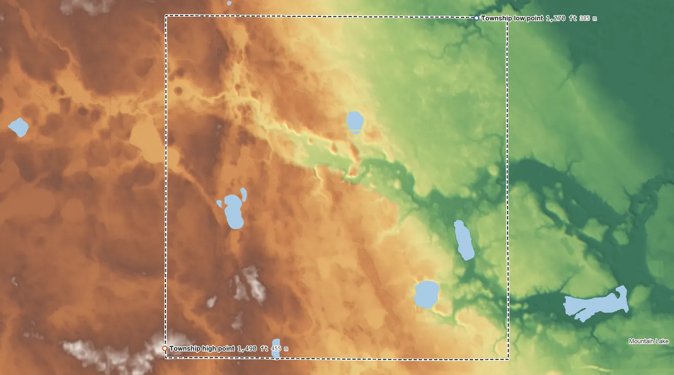Topographic elevation map of Carson Township, Minnesota, shaded from 1,270 ft on the northeast side to 1,490 ft on the southwest side
