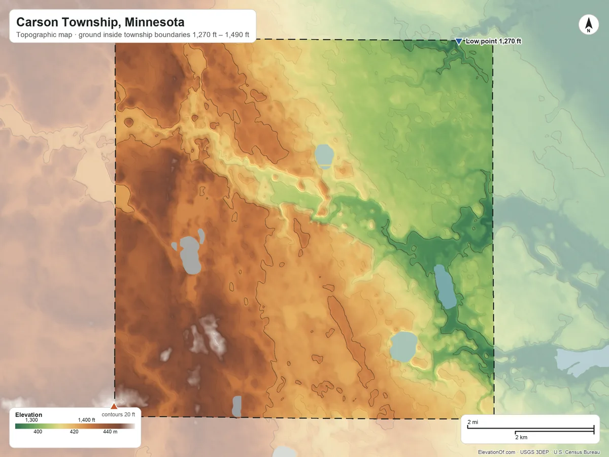 Topographic elevation map of Carson Township, Minnesota, shaded from 1,270 ft on the northeast side to 1,490 ft on the southwest side