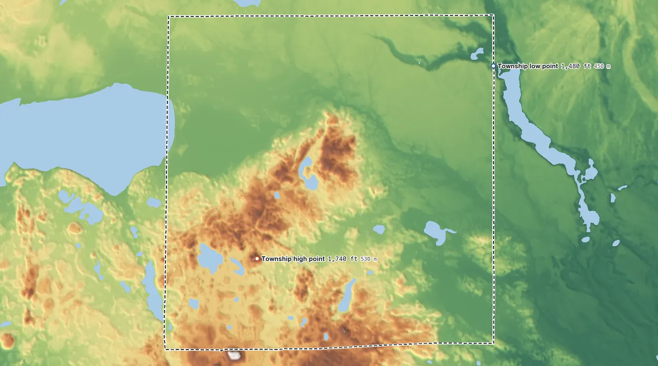 Topographic elevation map of Carsonville Township, Minnesota, shaded from 1,480 ft on the northeast side to 1,740 ft on the southwest side