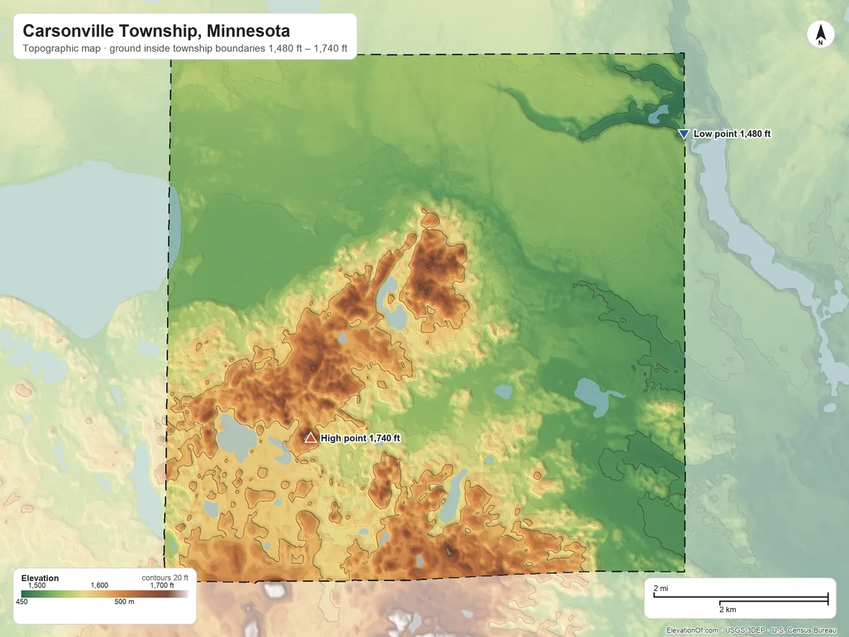 Topographic elevation map of Carsonville Township, Minnesota, shaded from 1,480 ft on the northeast side to 1,740 ft on the southwest side