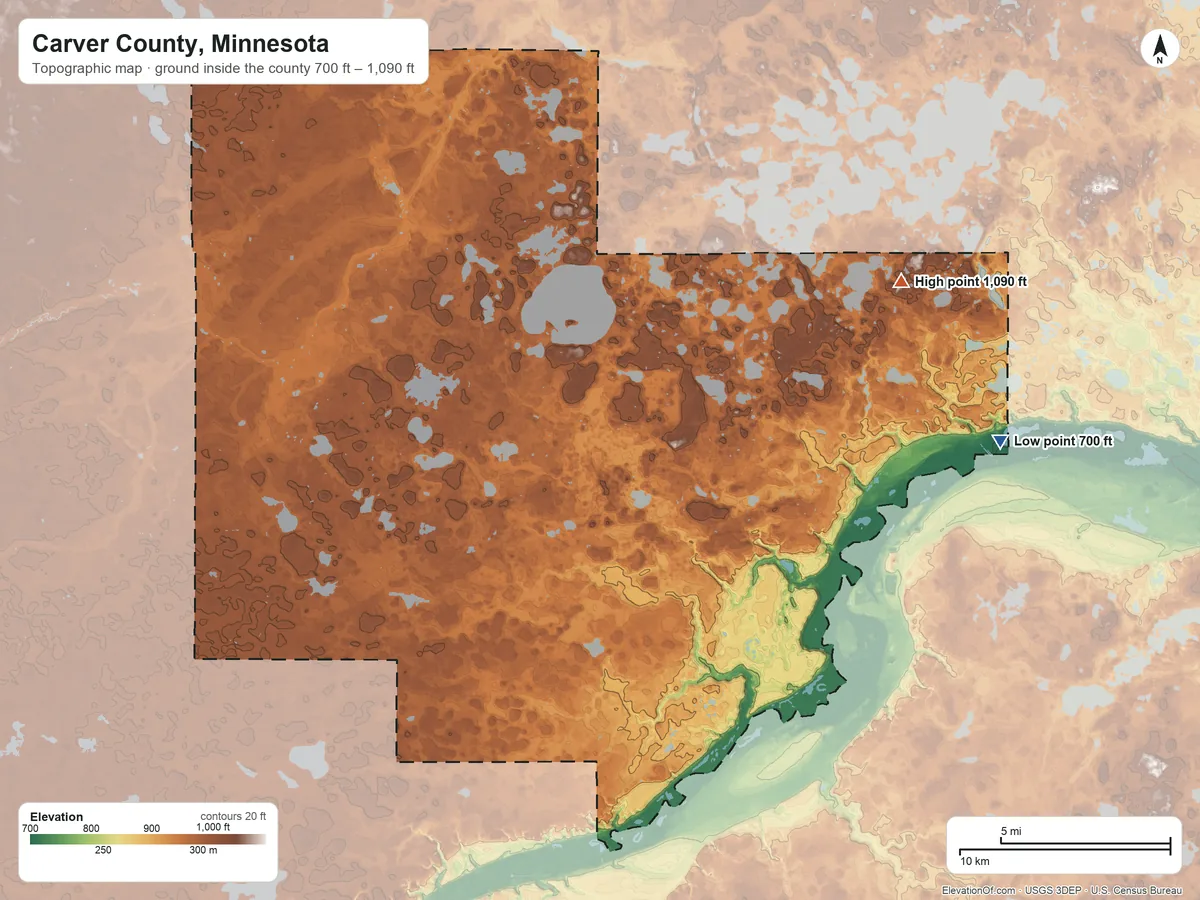 Topographic elevation map of Carver County, Minnesota, shaded from 700 ft on the east side to 1,090 ft on the northeast side