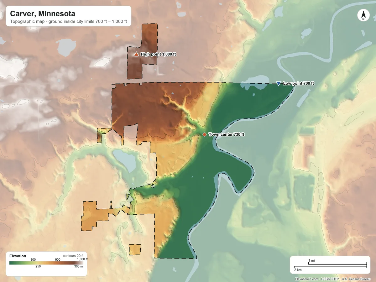 Topographic elevation map of Carver, Minnesota, shaded from 700 ft on the northeast side to 1,000 ft on the northwest side