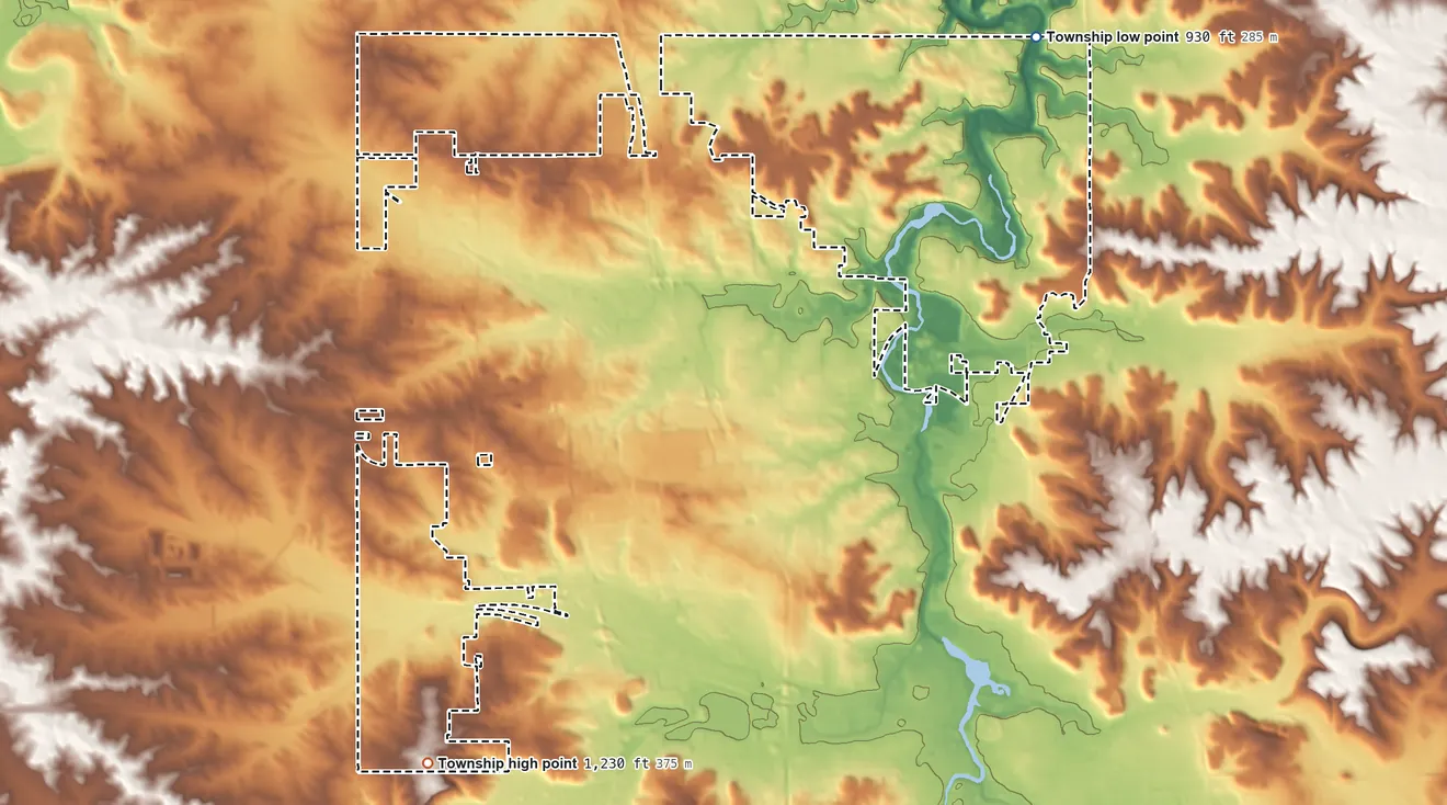 Topographic elevation map of Cascade Township, Minnesota, shaded from 930 ft on the northeast side to 1,230 ft on the southwest side