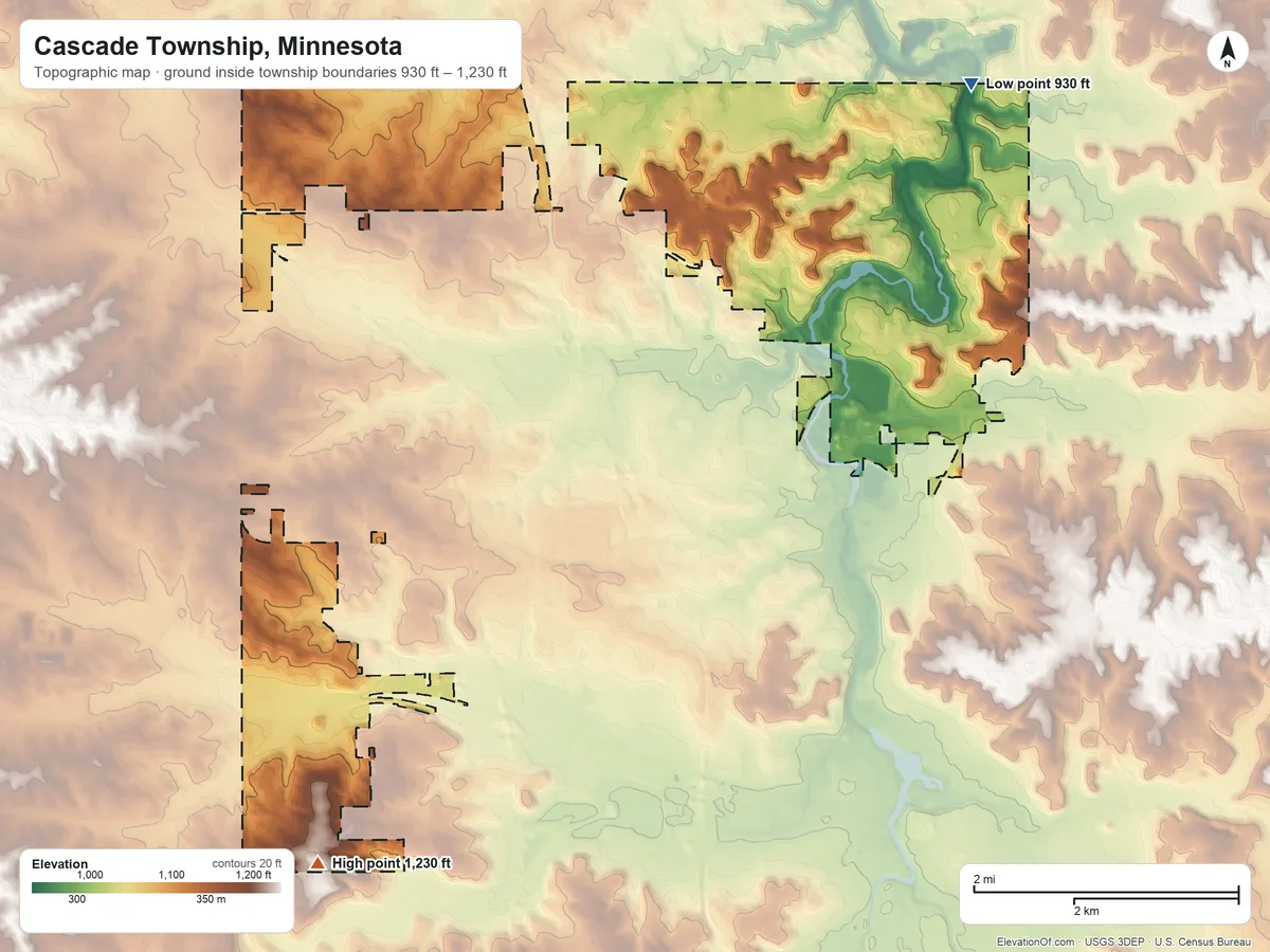 Topographic elevation map of Cascade Township, Minnesota, shaded from 930 ft on the northeast side to 1,230 ft on the southwest side