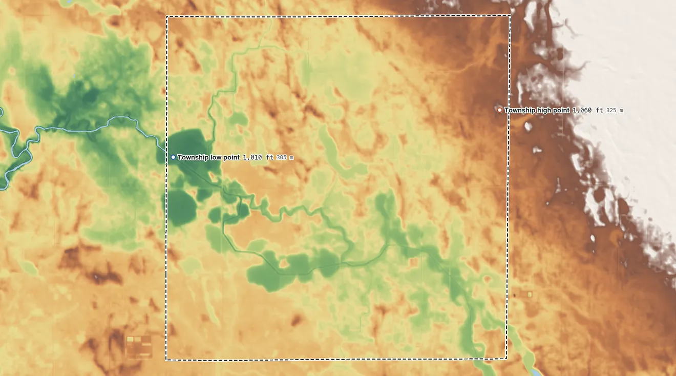 Topographic elevation map of Cashel Township, Minnesota, shaded from 1,010 ft on the west side to 1,060 ft on the northeast side