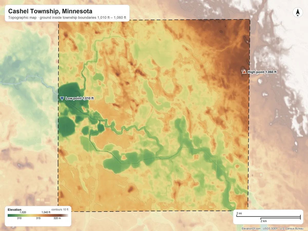 Topographic elevation map of Cashel Township, Minnesota, shaded from 1,010 ft on the west side to 1,060 ft on the northeast side