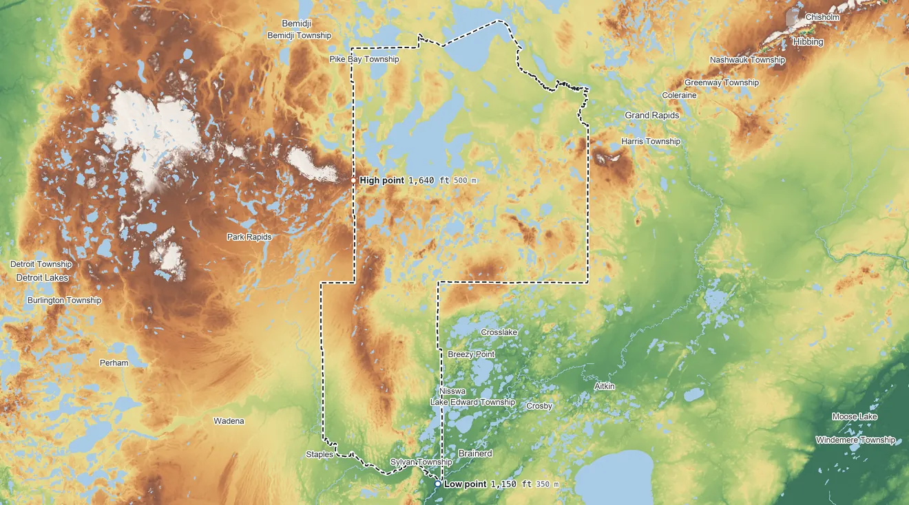 Topographic elevation map of Cass County, Minnesota, shaded from 1,150 ft on the south side to 1,640 ft on the northwest side