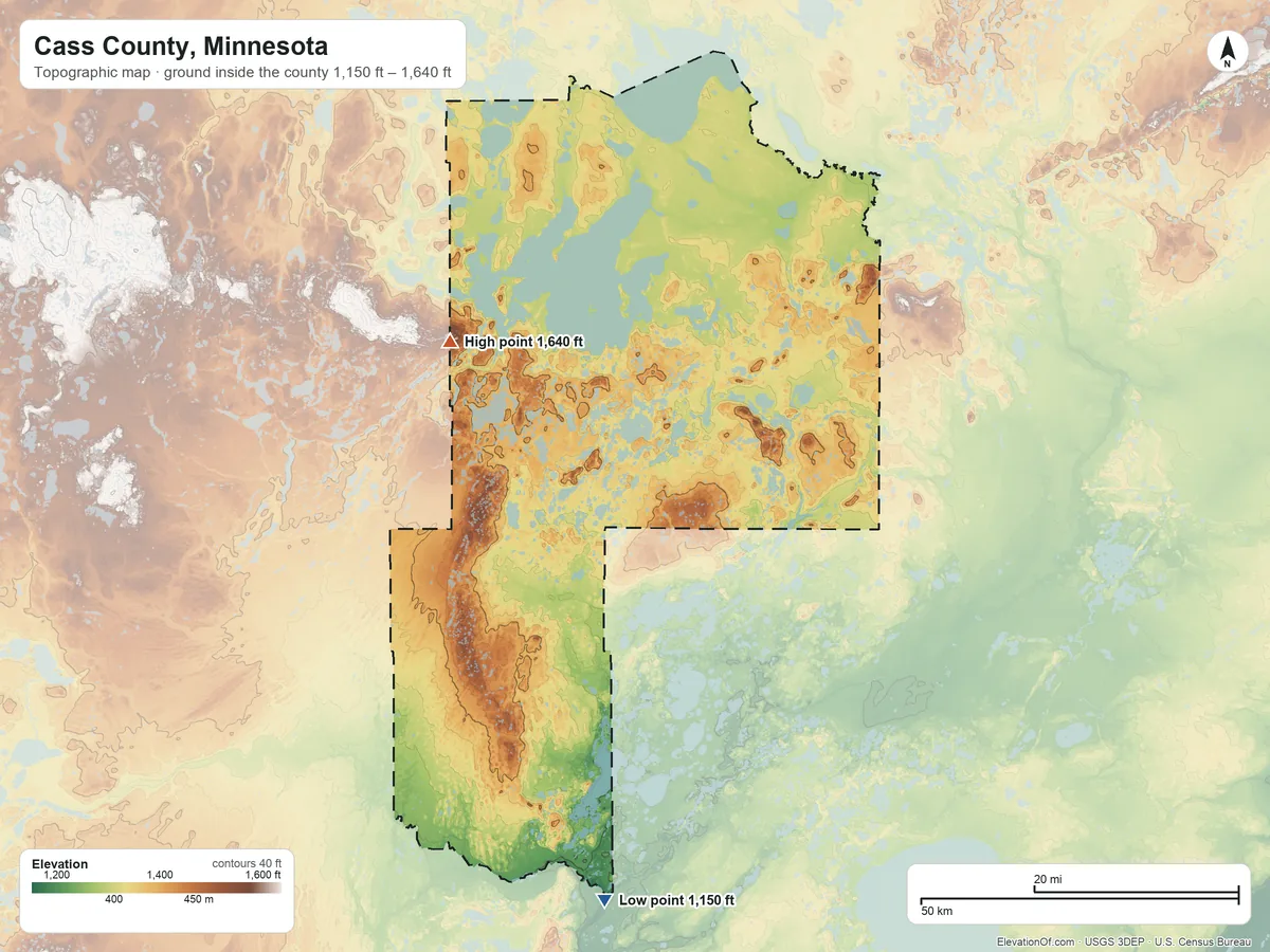 Topographic elevation map of Cass County, Minnesota, shaded from 1,150 ft on the south side to 1,640 ft on the northwest side