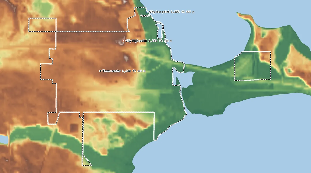 Topographic elevation map of Cass Lake, Minnesota, shaded from 1,300 ft on the northeast side to 1,350 ft on the northeast side