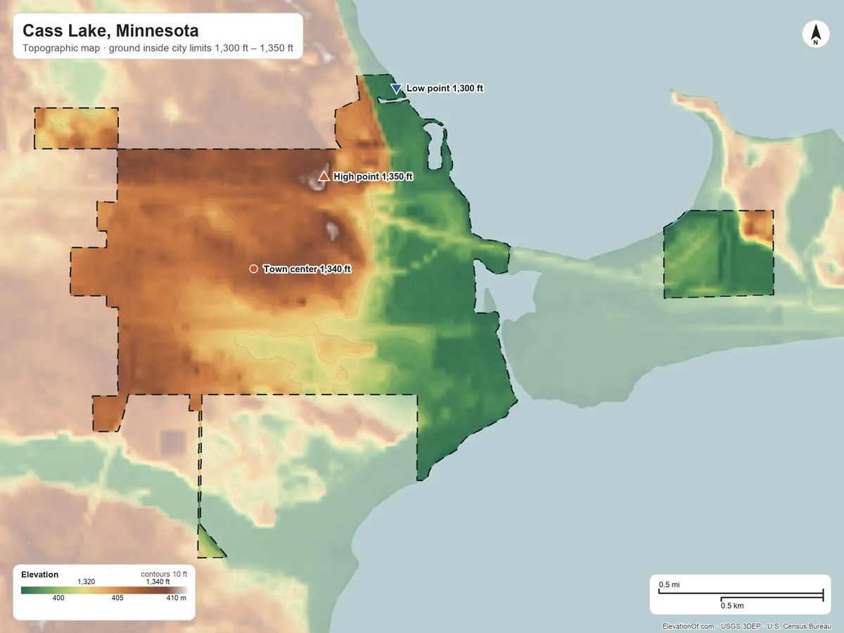 Topographic elevation map of Cass Lake, Minnesota, shaded from 1,300 ft on the northeast side to 1,350 ft on the northeast side