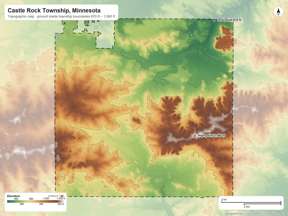 Topographic elevation map of Castle Rock Township, Minnesota, shaded from 870 ft on the northeast side to 1,060 ft on the northeast side