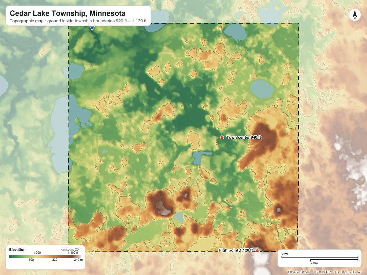 Topographic elevation map of Cedar Lake Township, Minnesota, shaded from 920 ft on the northwest side to 1,120 ft on the south side