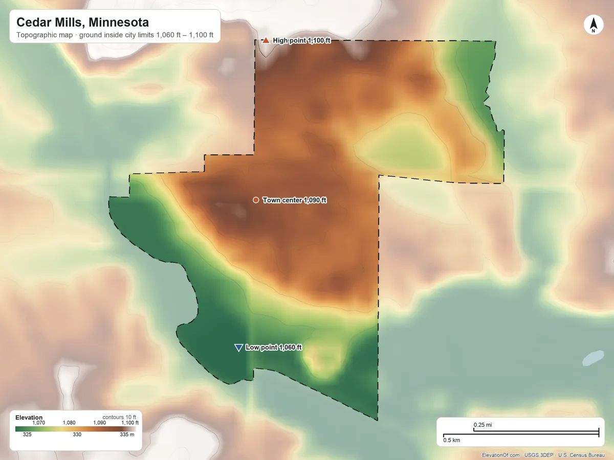 Topographic elevation map of Cedar Mills, Minnesota, shaded from 1,060 ft on the south side to 1,100 ft on the north side