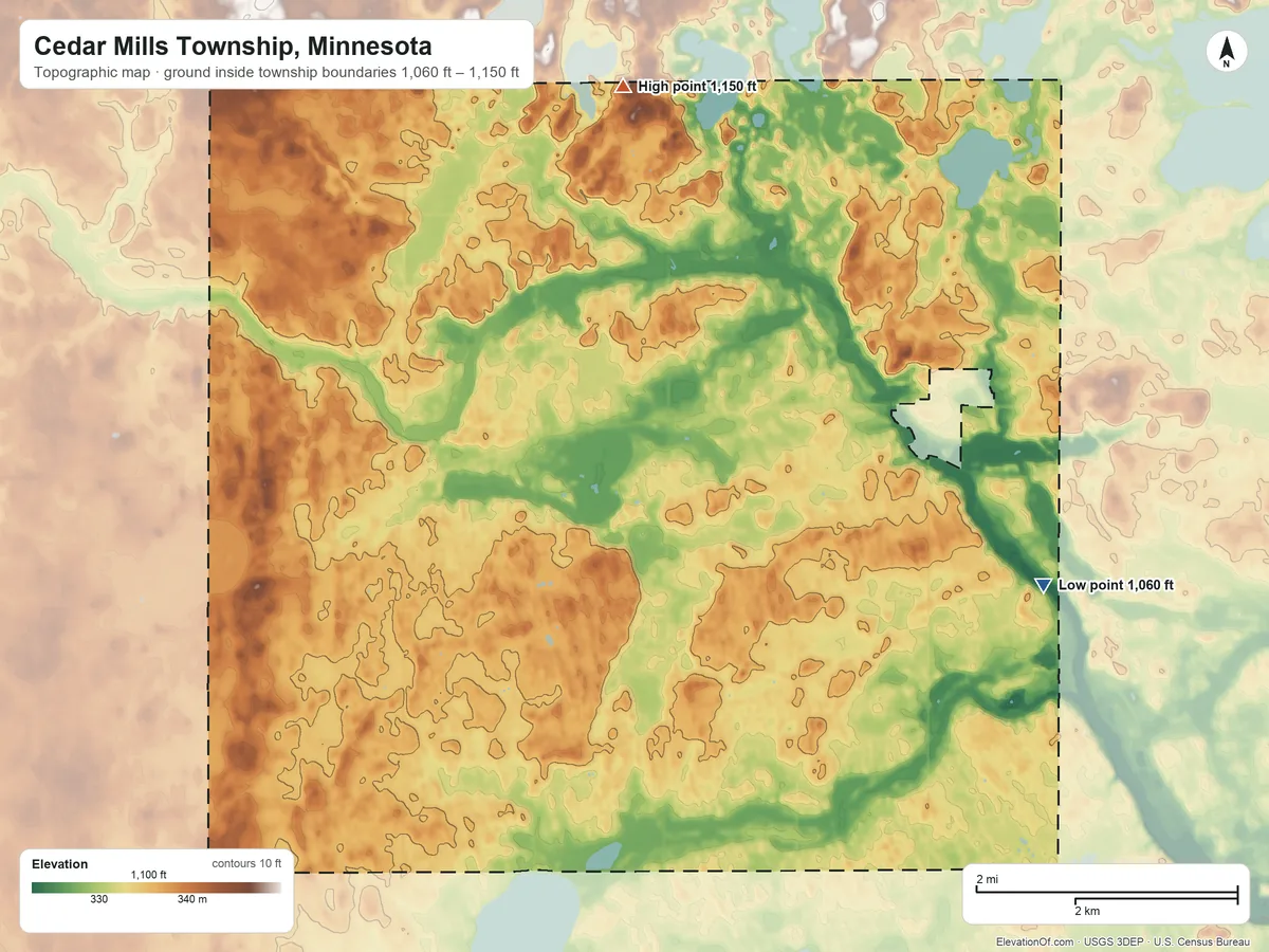 Topographic elevation map of Cedar Mills Township, Minnesota, shaded from 1,060 ft on the east side to 1,150 ft on the north side
