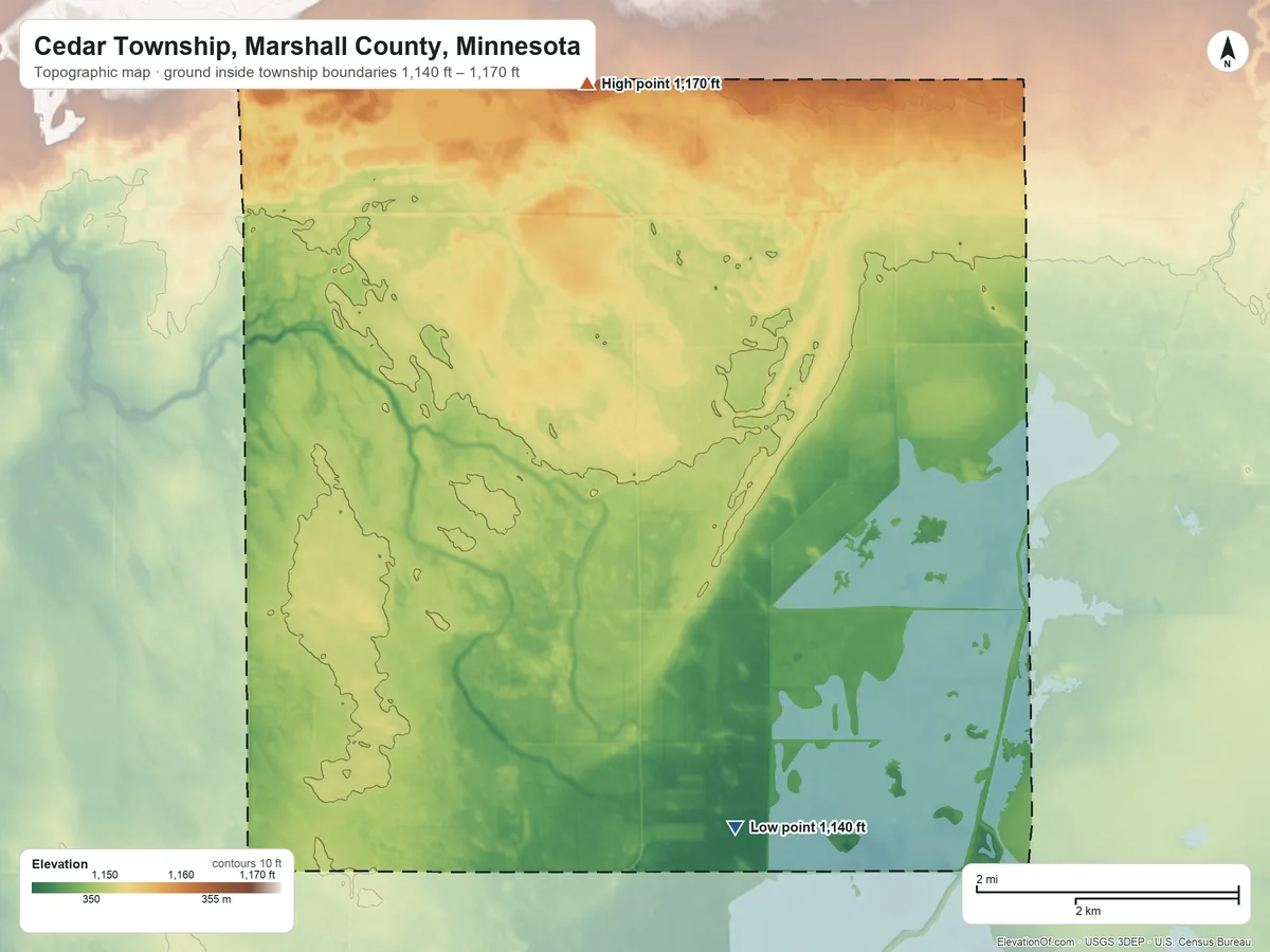Topographic elevation map of Cedar Township, Marshall County, Minnesota, shaded from 1,140 ft on the south side to 1,170 ft on the north side