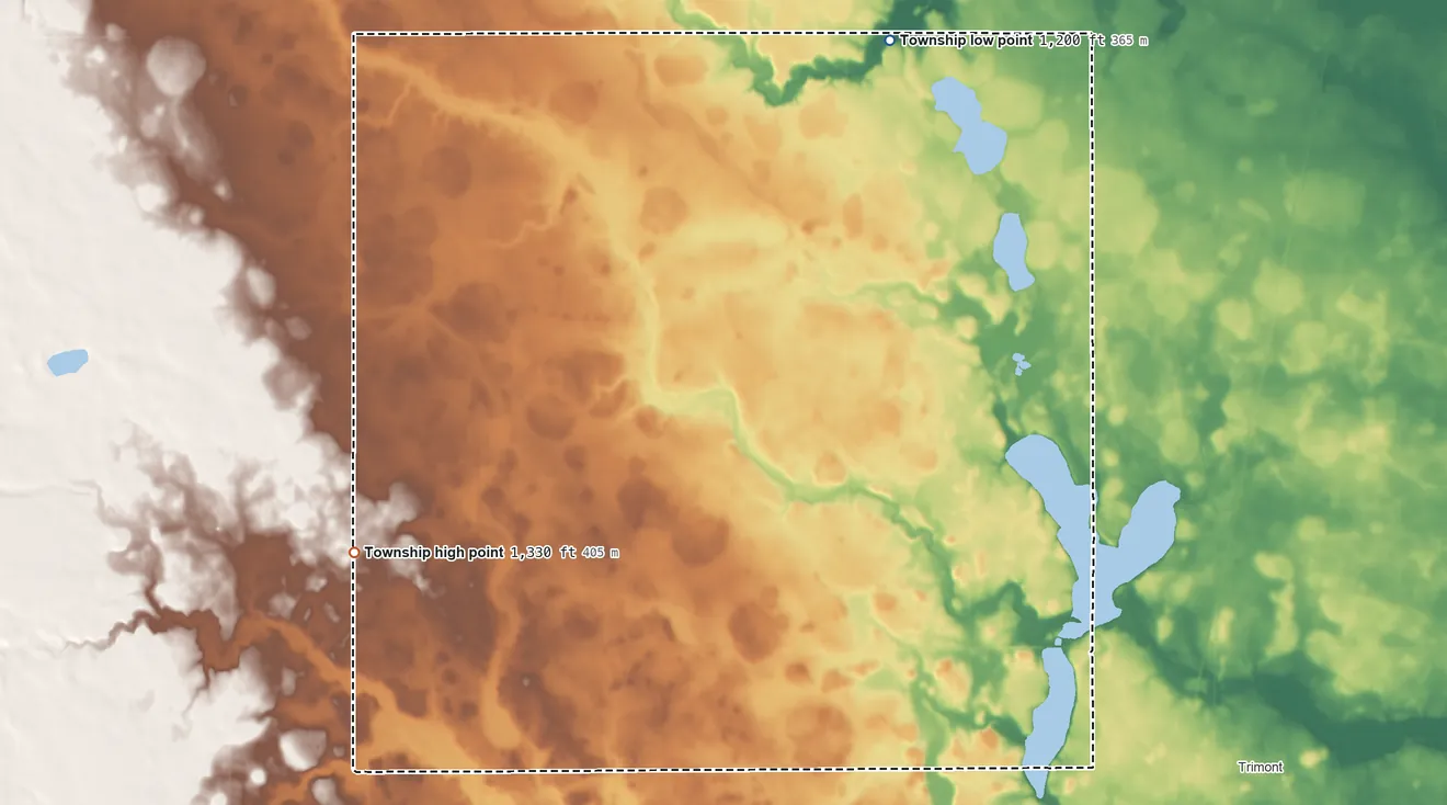 Topographic elevation map of Cedar Township, Minnesota, shaded from 1,200 ft on the north side to 1,330 ft on the west side