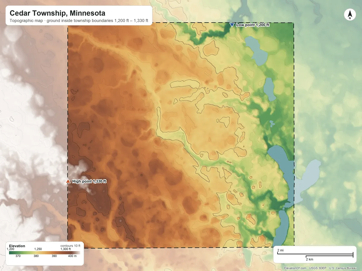Topographic elevation map of Cedar Township, Minnesota, shaded from 1,200 ft on the north side to 1,330 ft on the west side