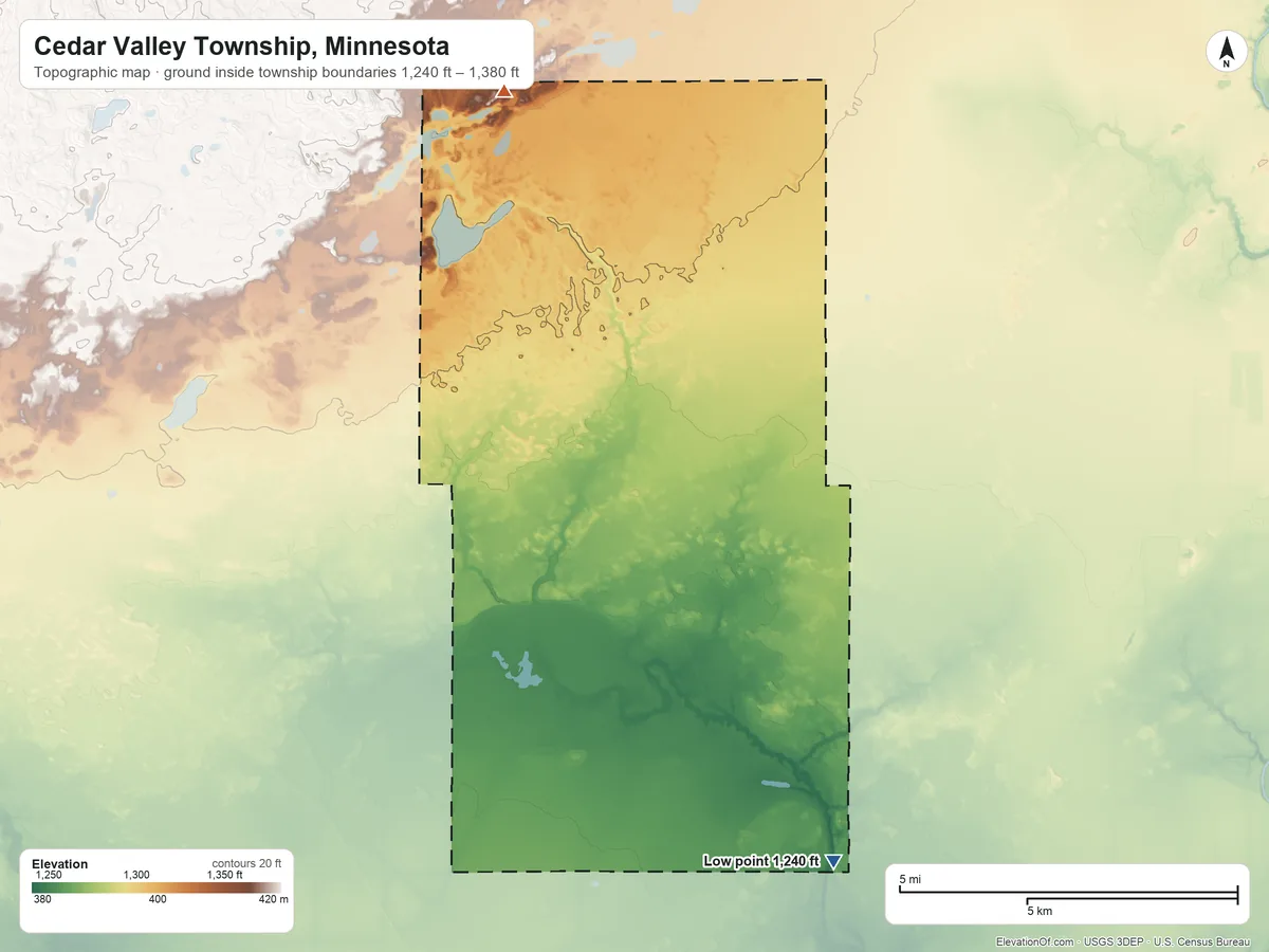 Topographic elevation map of Cedar Valley Township, Minnesota, shaded from 1,240 ft on the southeast side to 1,380 ft on the north side