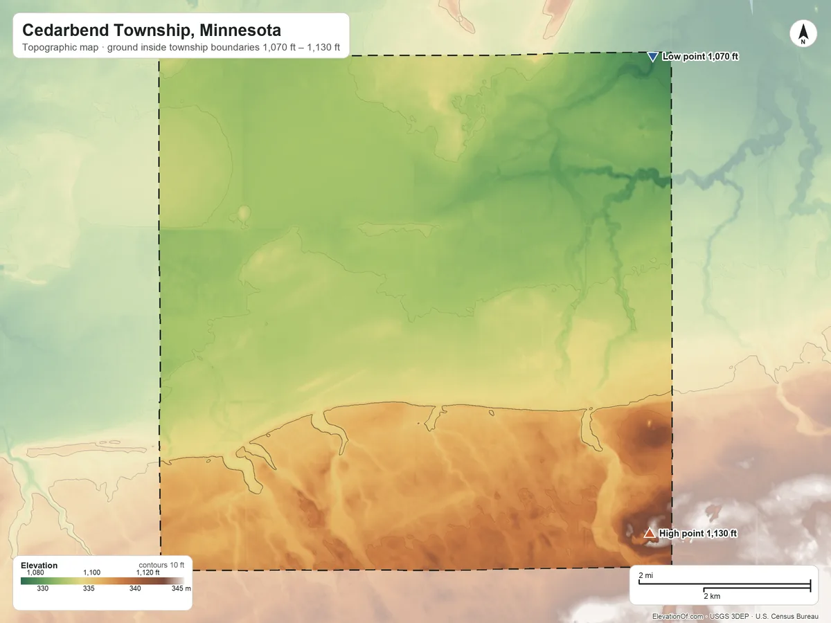 Topographic elevation map of Cedarbend Township, Minnesota, shaded from 1,070 ft on the north side to 1,130 ft on the southeast side