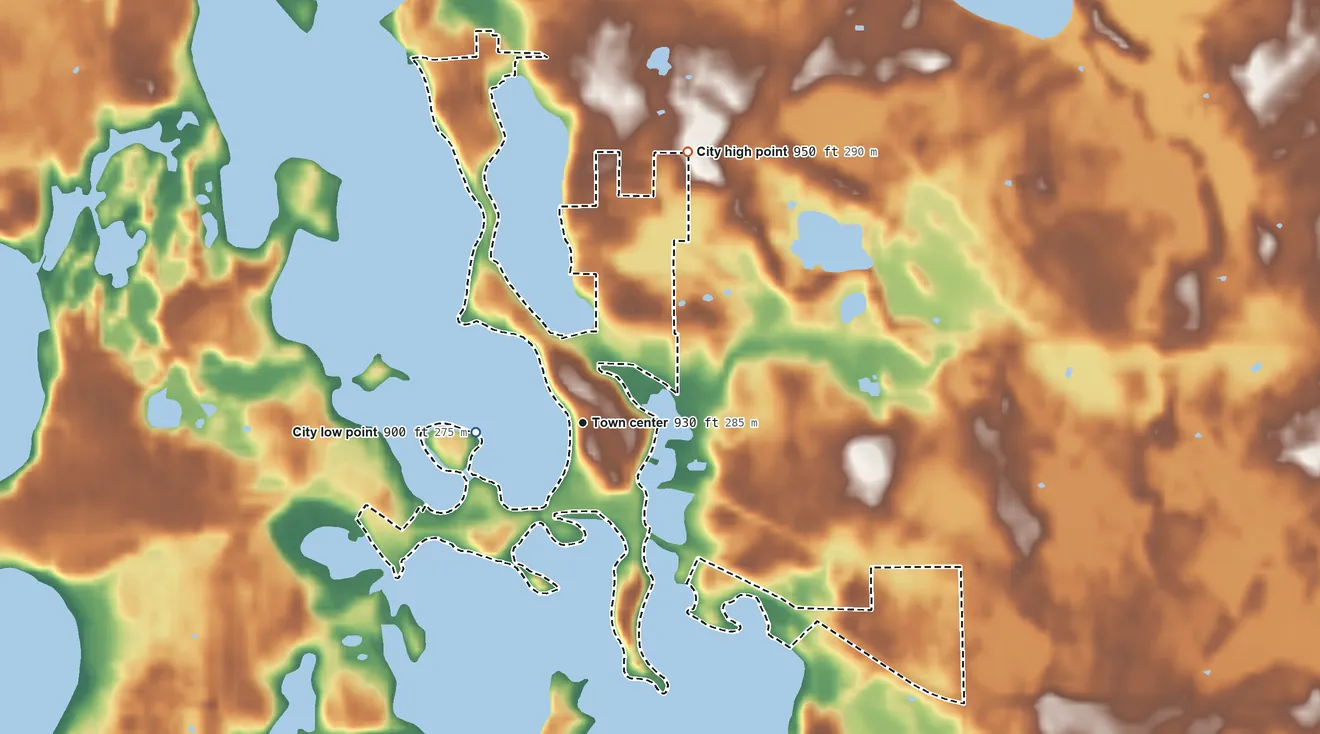 Topographic elevation map of Center City, Minnesota, shaded from 900 ft on the west side to 950 ft on the north side