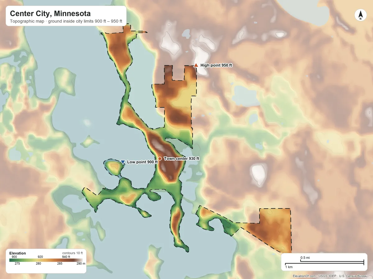Topographic elevation map of Center City, Minnesota, shaded from 900 ft on the west side to 950 ft on the north side