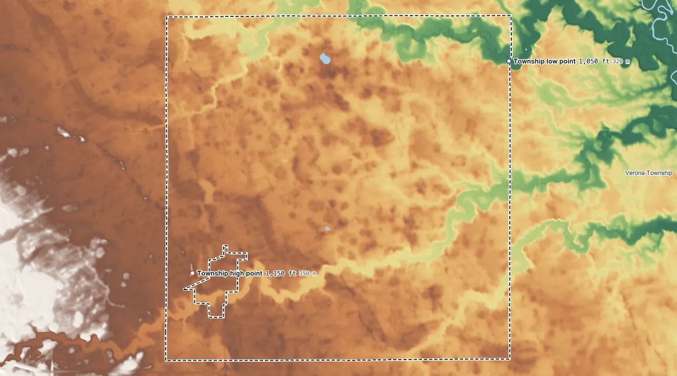 Topographic elevation map of Center Creek Township, Minnesota, shaded from 1,050 ft on the northeast side to 1,150 ft on the southwest side