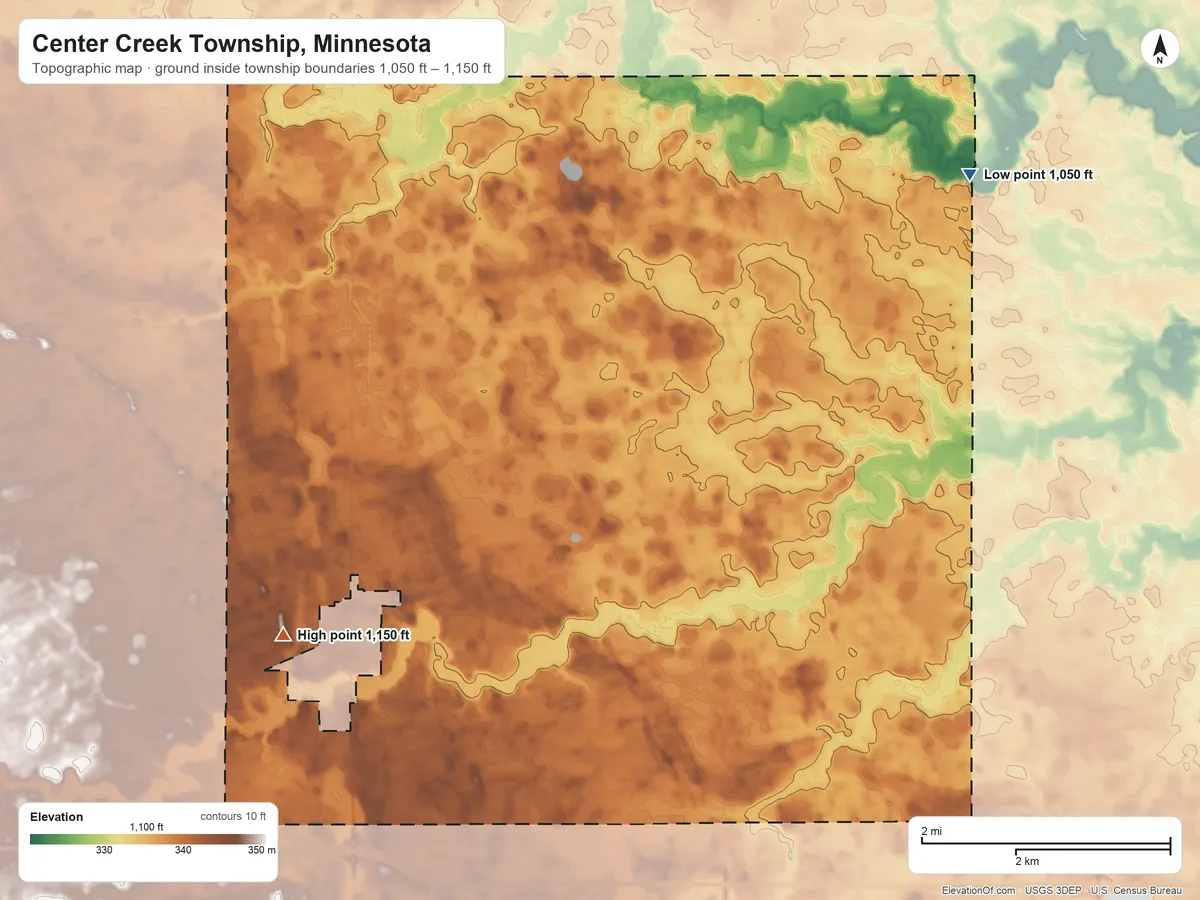 Topographic elevation map of Center Creek Township, Minnesota, shaded from 1,050 ft on the northeast side to 1,150 ft on the southwest side