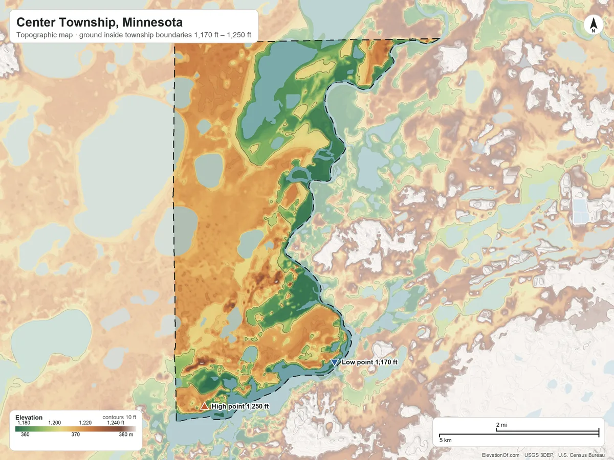 Topographic elevation map of Center Township, Minnesota, shaded from 1,170 ft on the southeast side to 1,250 ft on the south side