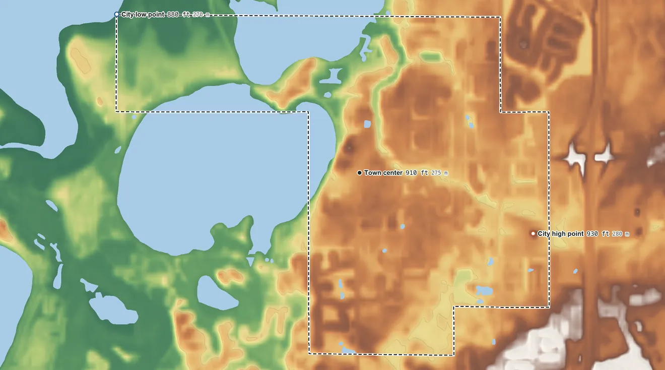 Topographic elevation map of Centerville, Minnesota, shaded from 880 ft on the northwest side to 930 ft on the east side
