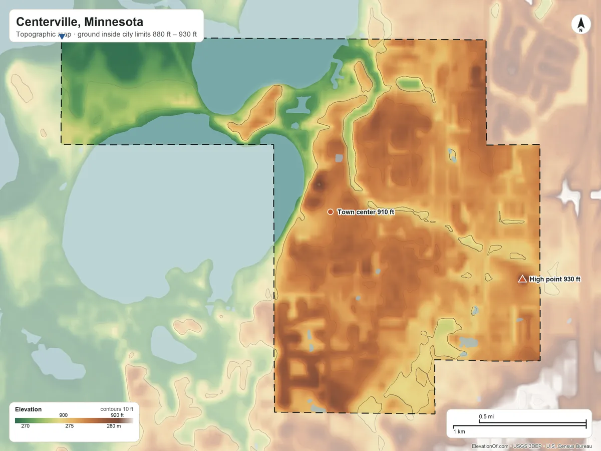Topographic elevation map of Centerville, Minnesota, shaded from 880 ft on the northwest side to 930 ft on the east side