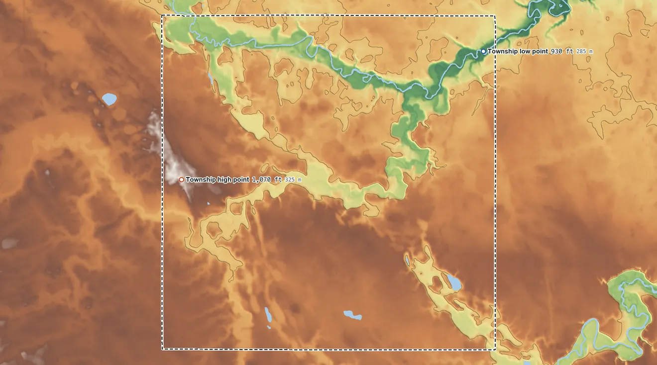 Topographic elevation map of Ceresco Township, Minnesota, shaded from 930 ft on the northeast side to 1,070 ft on the west side