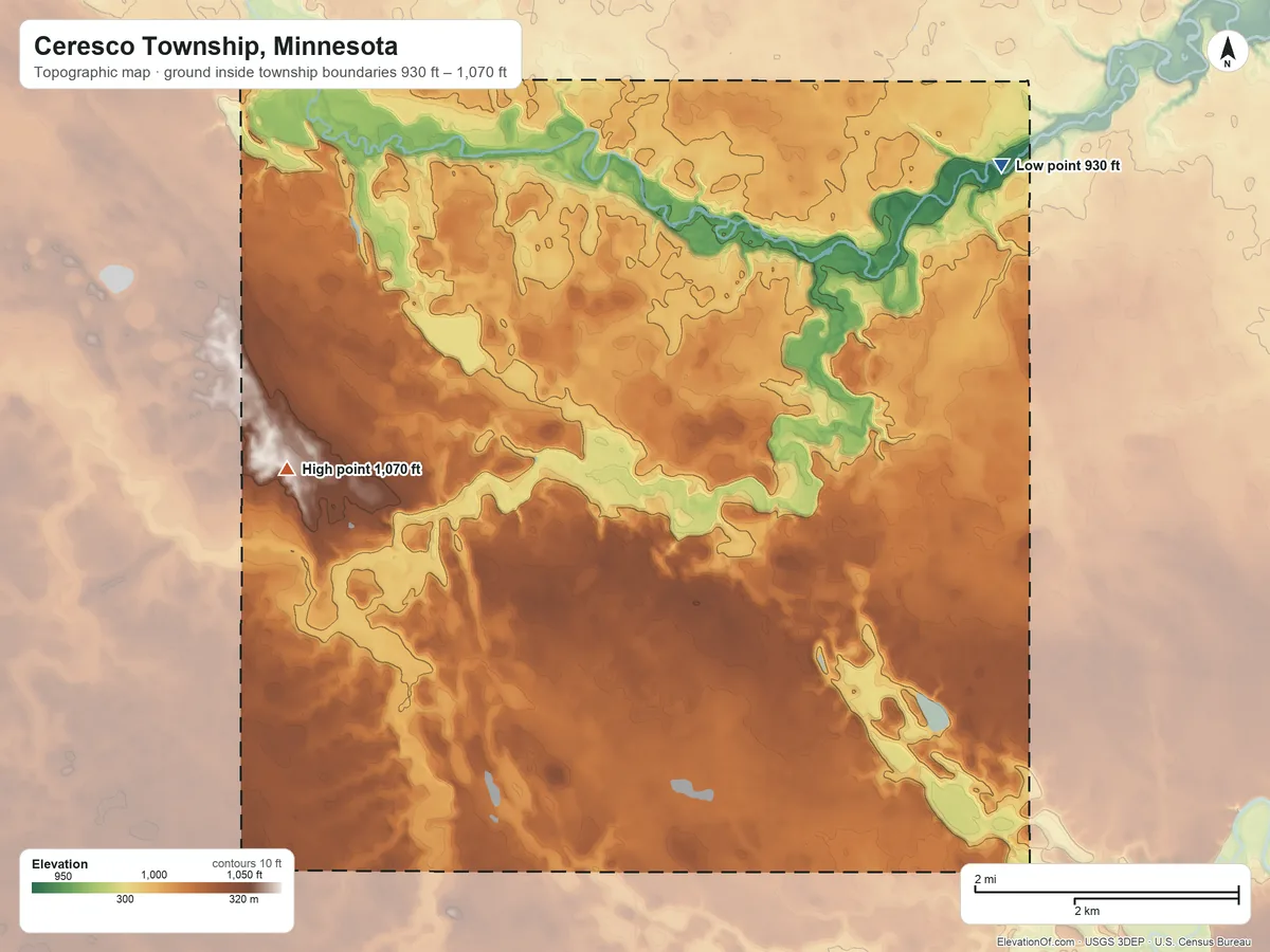 Topographic elevation map of Ceresco Township, Minnesota, shaded from 930 ft on the northeast side to 1,070 ft on the west side
