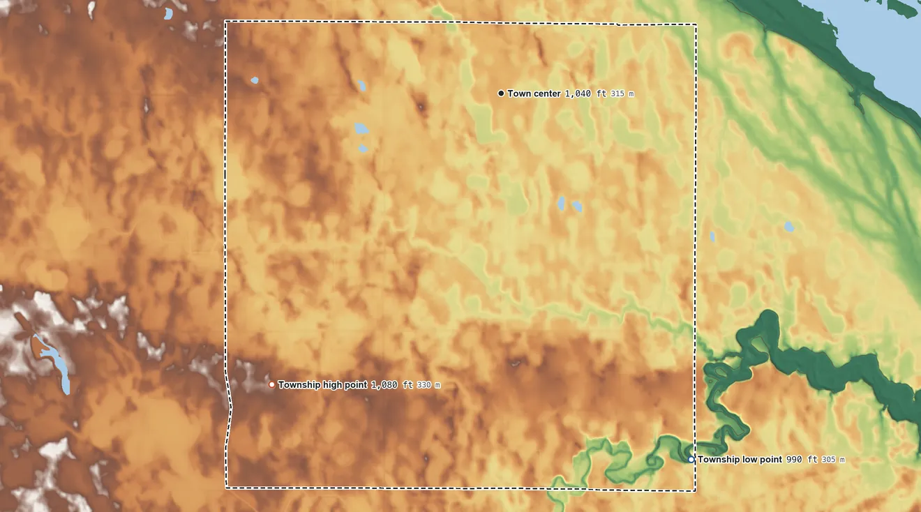 Topographic elevation map of Cerro Gordo Township, Minnesota, shaded from 990 ft on the southeast side to 1,080 ft on the southwest side