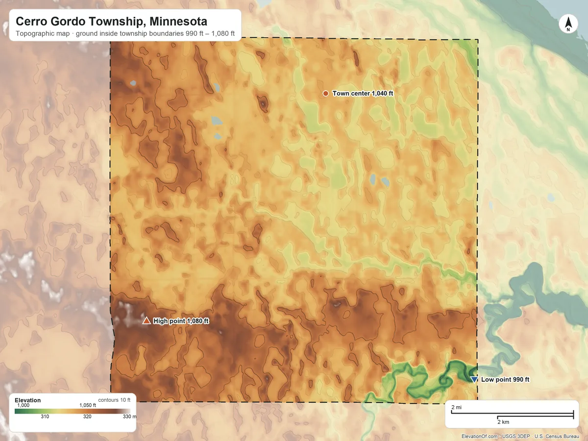 Topographic elevation map of Cerro Gordo Township, Minnesota, shaded from 990 ft on the southeast side to 1,080 ft on the southwest side