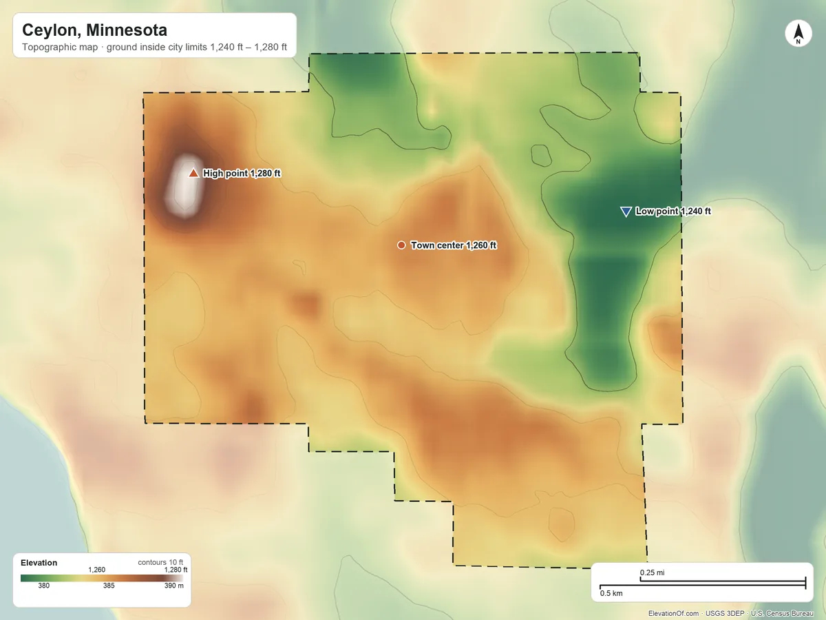 Topographic elevation map of Ceylon, Minnesota, shaded from 1,240 ft on the east side to 1,280 ft on the west side