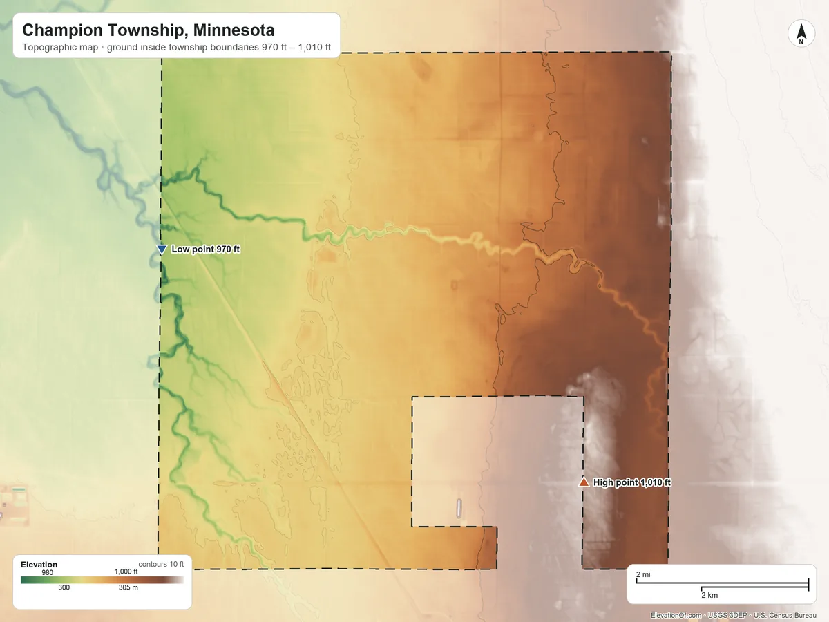 Topographic elevation map of Champion Township, Minnesota, shaded from 970 ft on the northwest side to 1,010 ft on the east side